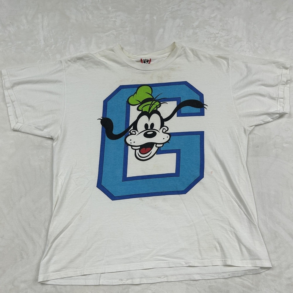 Disney T-Shirt Mens Boxy L White Goofy Varsity Letter G Graphic Vintage 90s